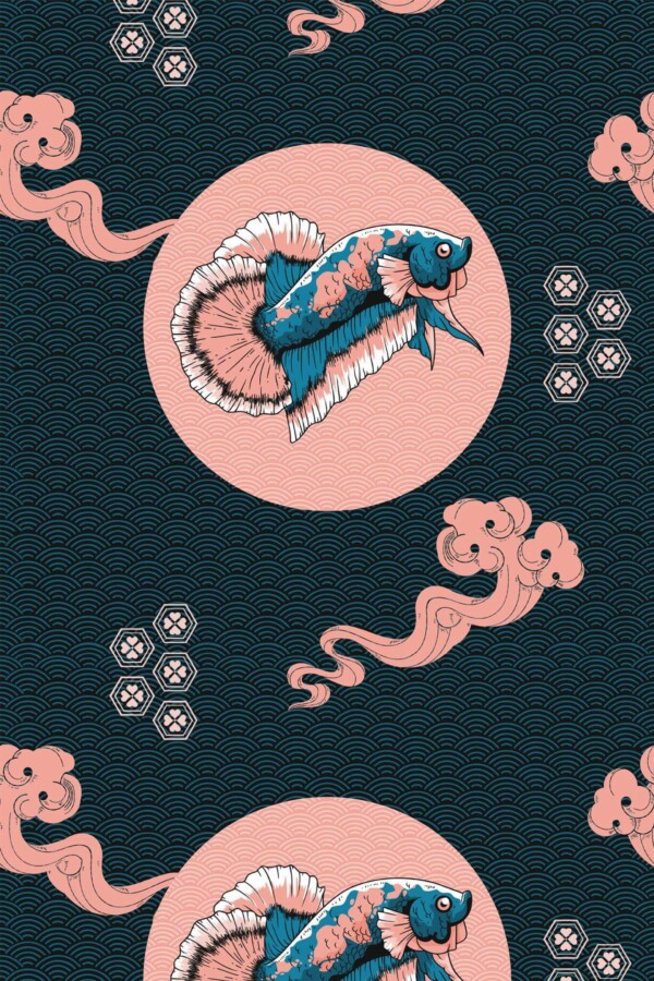 Pattern repeat of Pink black and white fish abstract removable wallpaper design