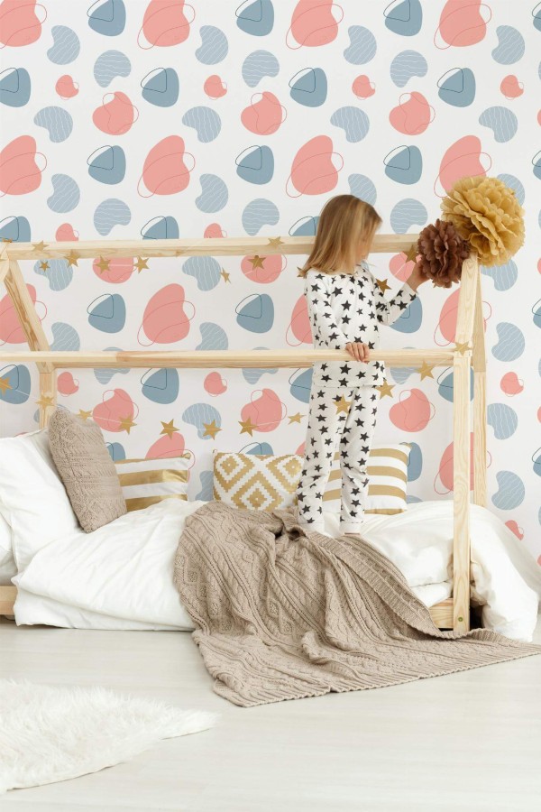 Bohemian style kids room decorated with Pink blue shapes peel and stick wallpaper