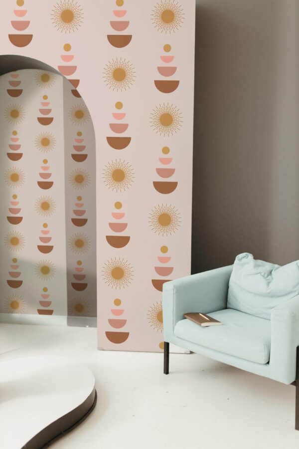 Mondern boho style living room decorated with Pink boho peel and stick wallpaper