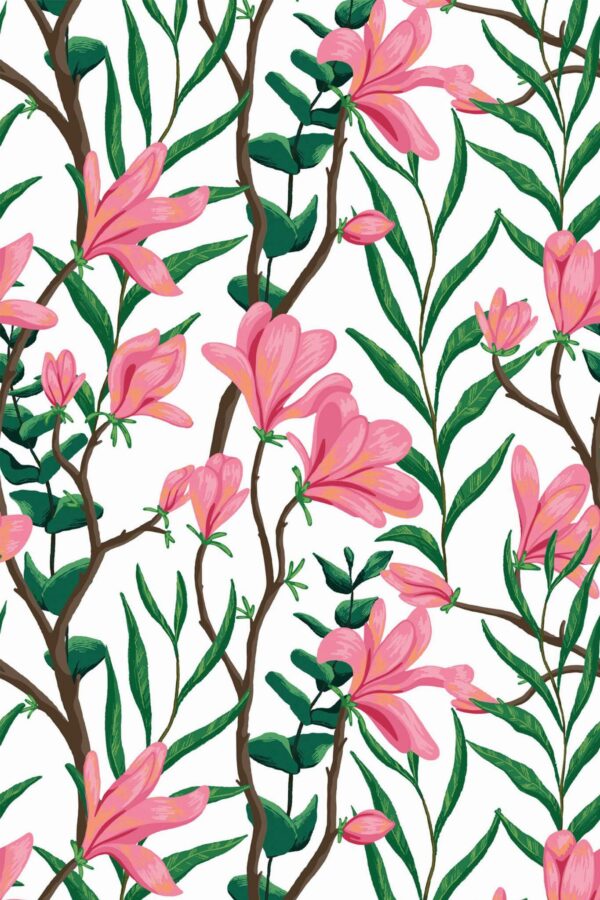 Pattern repeat of Pink bold magnolia removable wallpaper design