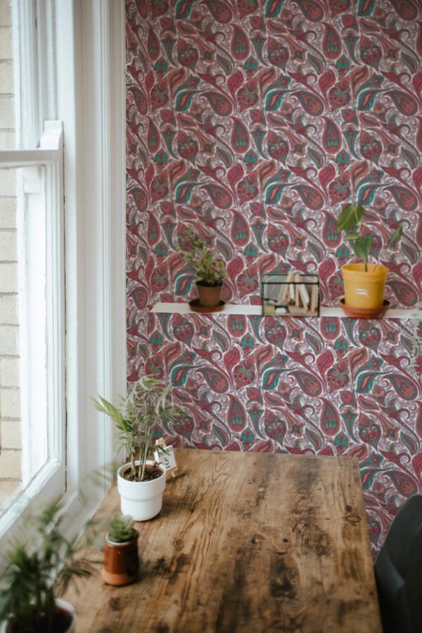 Farmhouse style home office decorated with Pink bold paisley peel and stick wallpaper