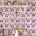 Light farmhouse style kitchen decorated with Pink butterfly peel and stick wallpaper