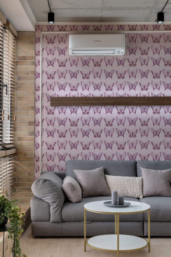 Scandinavian style living room decorated with Pink butterfly peel and stick wallpaper