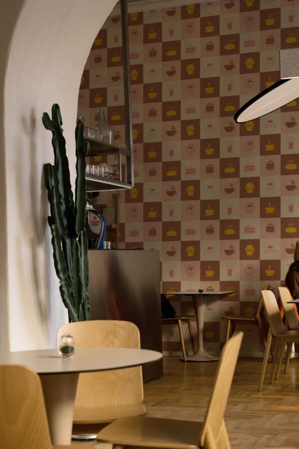 Modern style bedroom decorated with Pink cafe peel and stick wallpaper