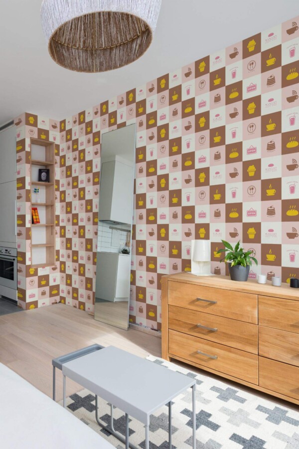 Scandinavian style small apartment decorated with Pink cafe peel and stick wallpaper