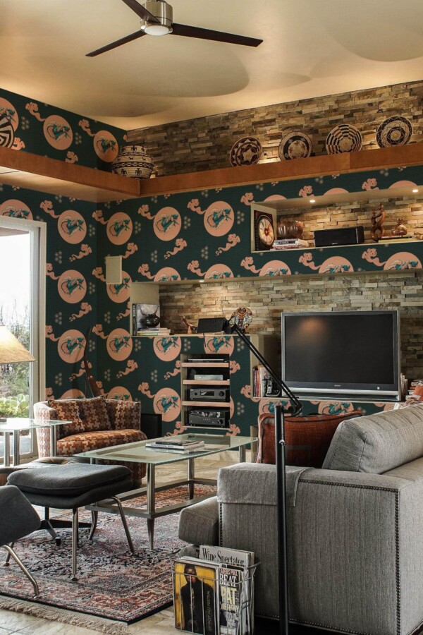 Scandinavian style living room decorated with Pink China peel and stick wallpaper and Mediterranean accents