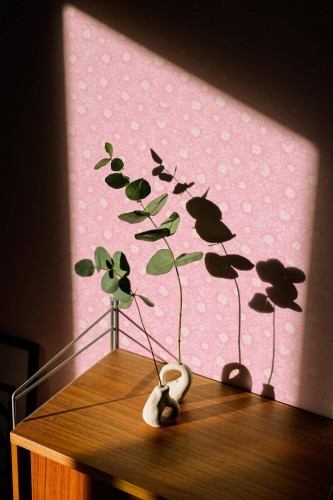 Mid-century style living room decorated with Pink chrysanthemum peel and stick wallpaper