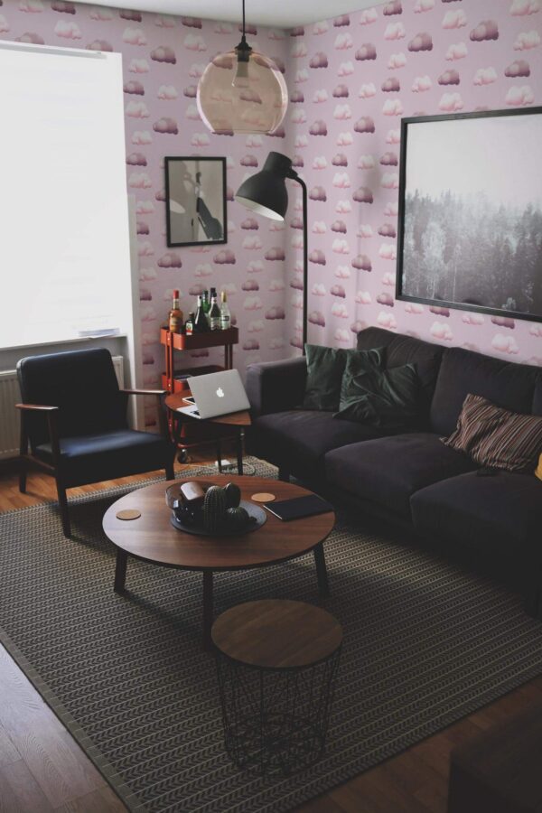 Modern dark industrial style living room decorated with Pink clouds peel and stick wallpaper