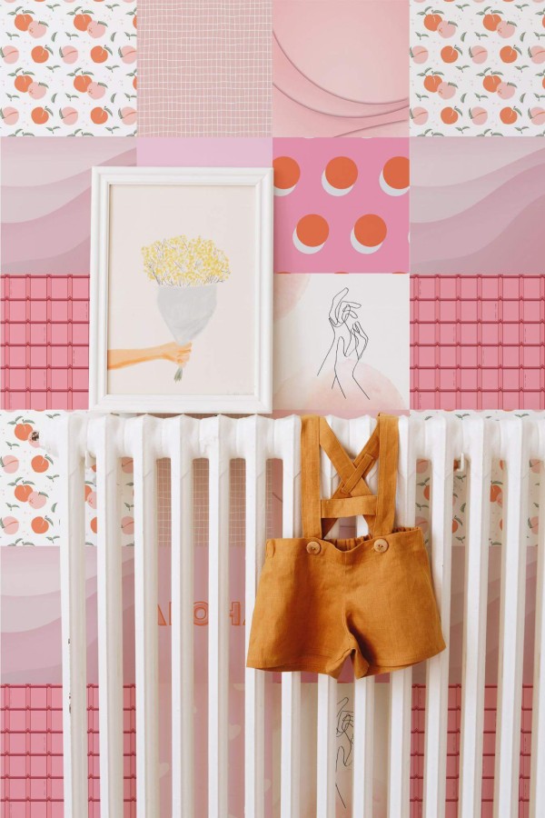 Bohemian style kids room decorated with Pink collage peel and stick wallpaper