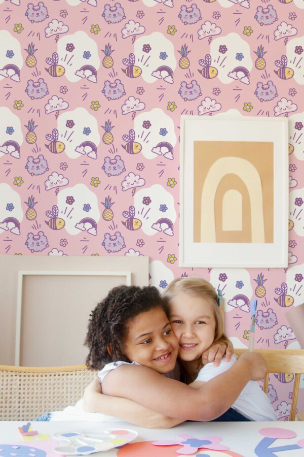 Fancy Walls Pink Fun wallpaper for Kids room walls in Cute Kawaii style removable wallpaper.