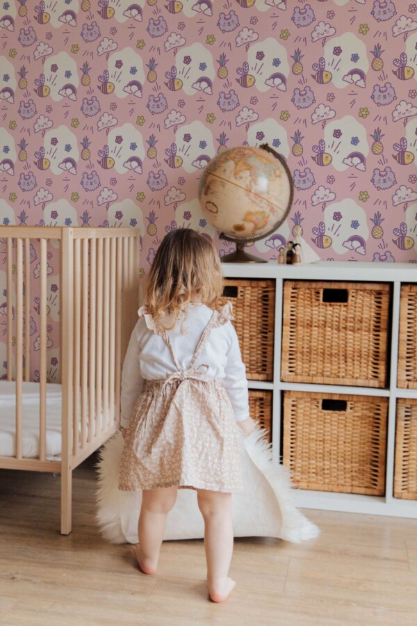 Fancy Walls Pink Fun wallpaper for Kids room walls in Cute Kawaii style self-adhesive wallpaper.