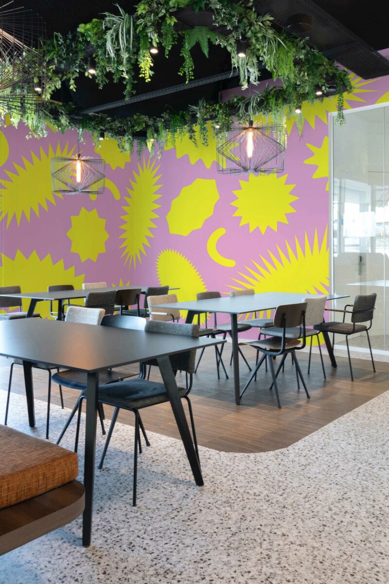 Pink Funky Splash wall mural with pink and yellow bold retro pattern, perfect for living rooms, bedrooms, or playful accent walls.