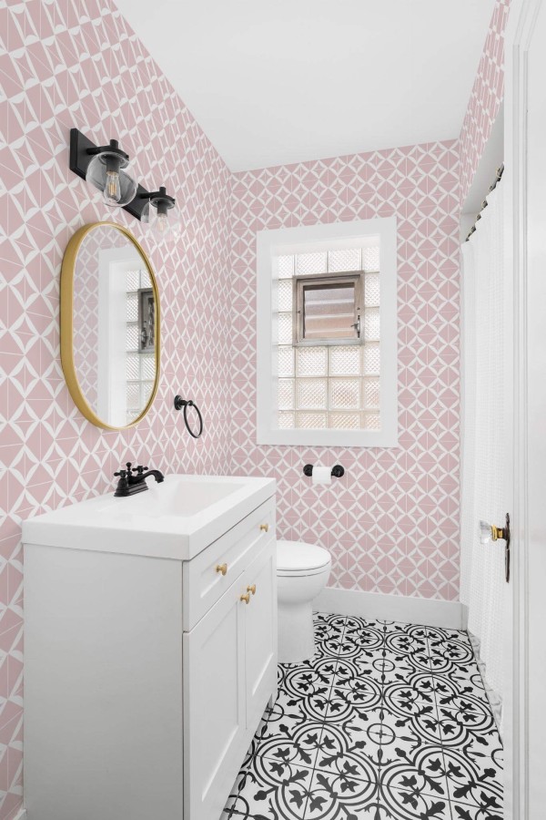 Minimal style bathroom decorated with Pink geometric square peel and stick wallpaper