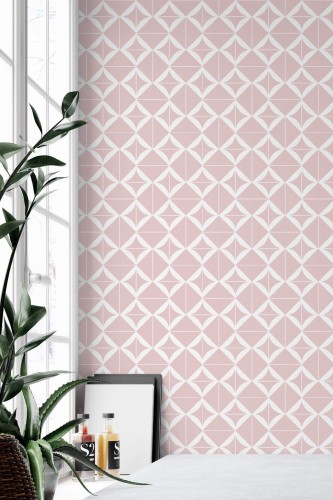 Minimal style home office decorated with Pink geometric square peel and stick wallpaper