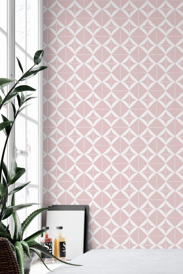 Minimal style home office decorated with Pink geometric square peel and stick wallpaper