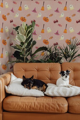 Cute Halloween Wallpaper with pink background, featuring playful ghosts, pumpkins, candy, and witch hats in soft, whimsical colors. Styled in a cozy living area with a caramel leather sofa, two small dogs resting on cushions, and lush potted plants, adding a festive, lighthearted touch to the space.