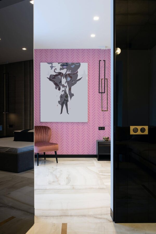 Art deco style bedroom decorated with Pink herringbone peel and stick wallpaper