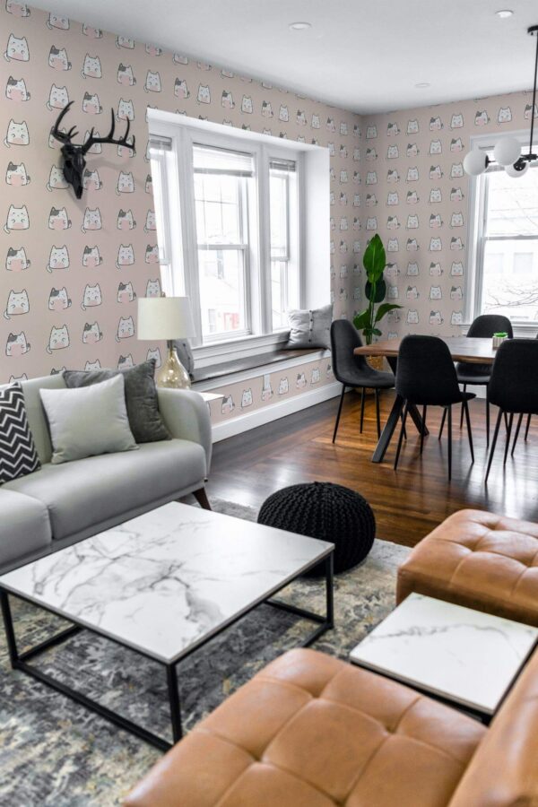 Mid-century modern scandinavian style living dining room decorated with Pink kawaii peel and stick wallpaper