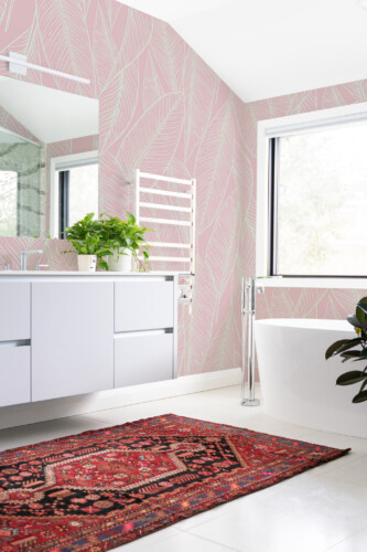 Pink Leaves Wall Mural with delicate light green lined leaves on a soft pink background, perfect for bathrooms, vanity corners, or stylish accent walls.