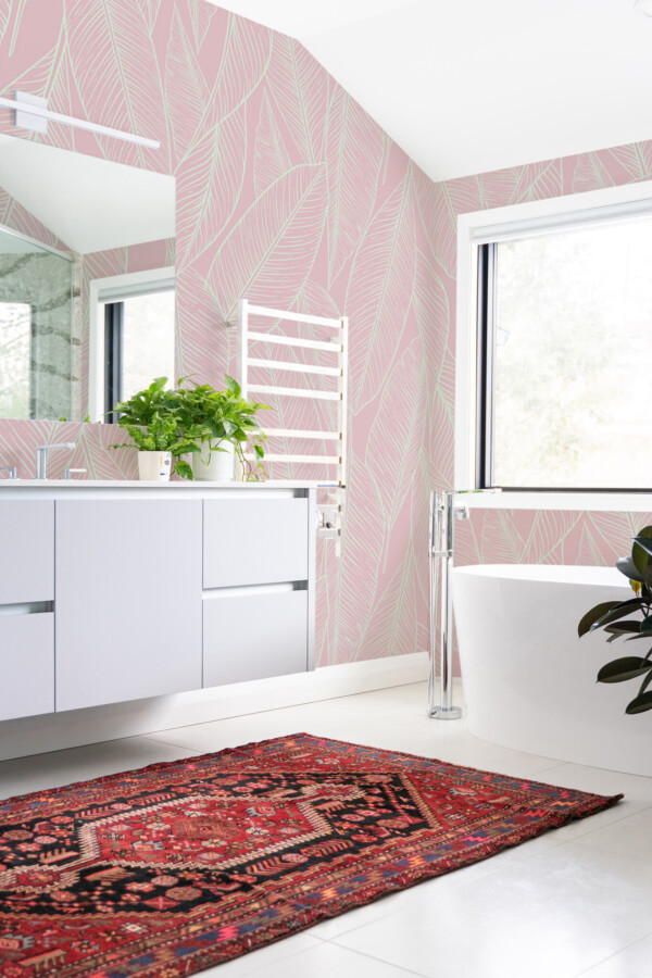 Pink Leaves Wall Mural with delicate light green lined leaves on a soft pink background, perfect for bathrooms, vanity corners, or stylish accent walls.