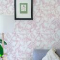 Eastern European style living room decorated with Pink marble peel and stick wallpaper