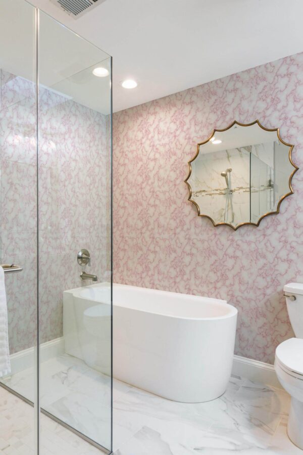 Minimal modern style bathroom decorated with Pink marble peel and stick wallpaper