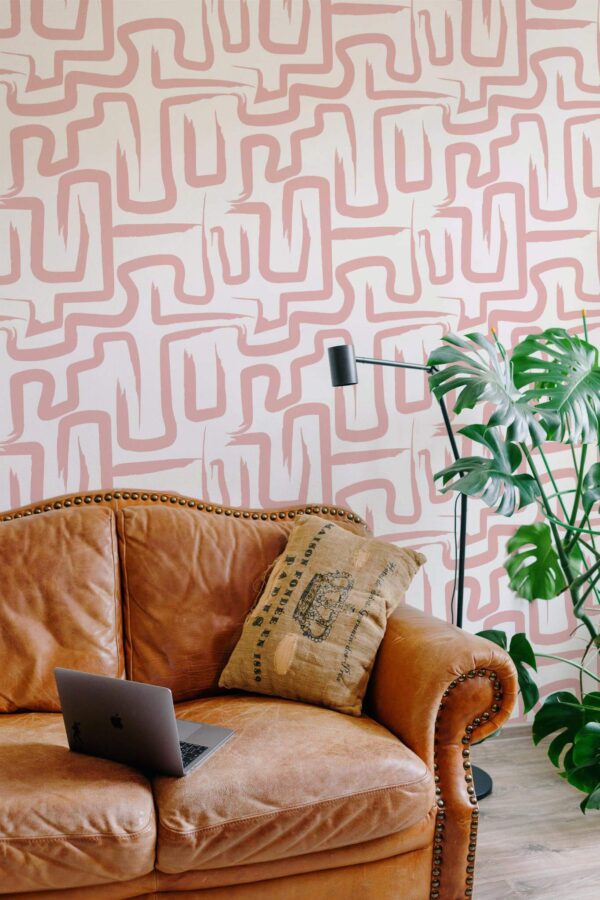 Mid-century modern style living room decorated with Pink maze peel and stick wallpaper
