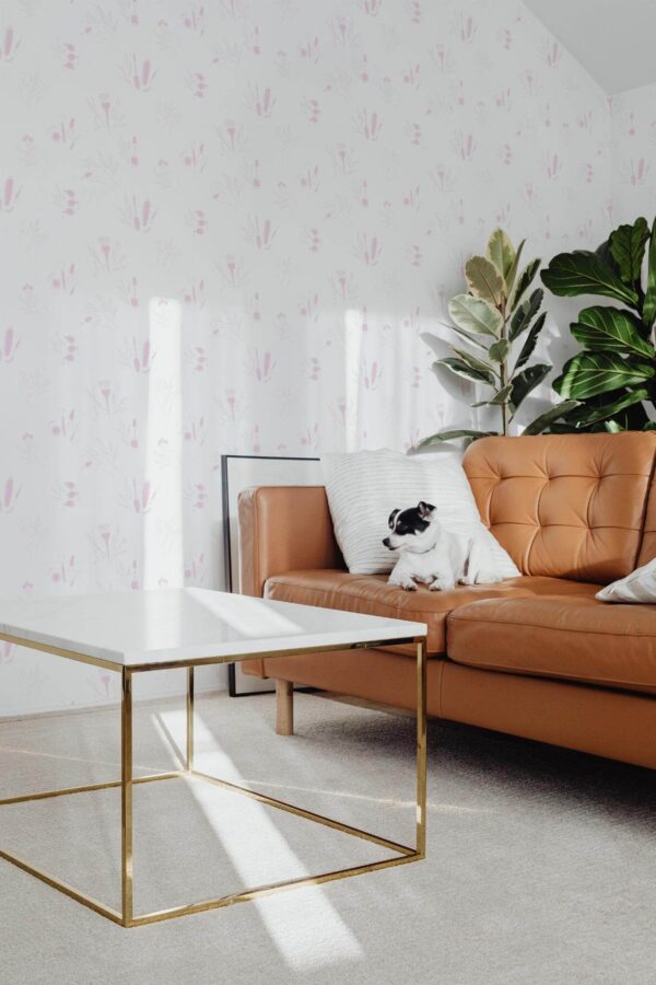 Mid-century modern style living room with dog on a sofa decorated with Pink nail salon peel and stick wallpaper
