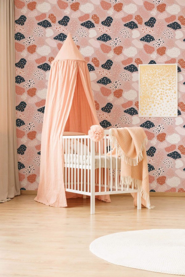 Neutral style nursery decorated with Pink nursery terrazzo peel and stick wallpaper
