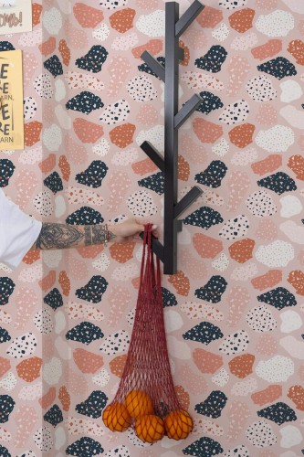 Scandinavian style kitchen decorated with Pink nursery terrazzo peel and stick wallpaper