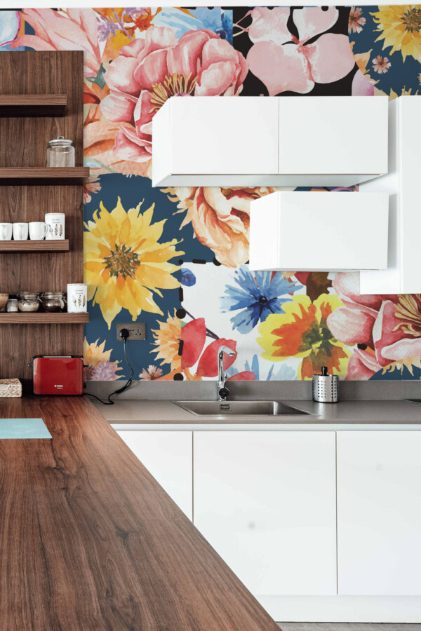 Fancy Walls mural for wall in botanical watercolor with blooming flowers and layered layout