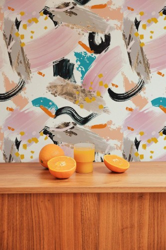 Mid-century style living room decorated with Pink paint stroke peel and stick wallpaper
