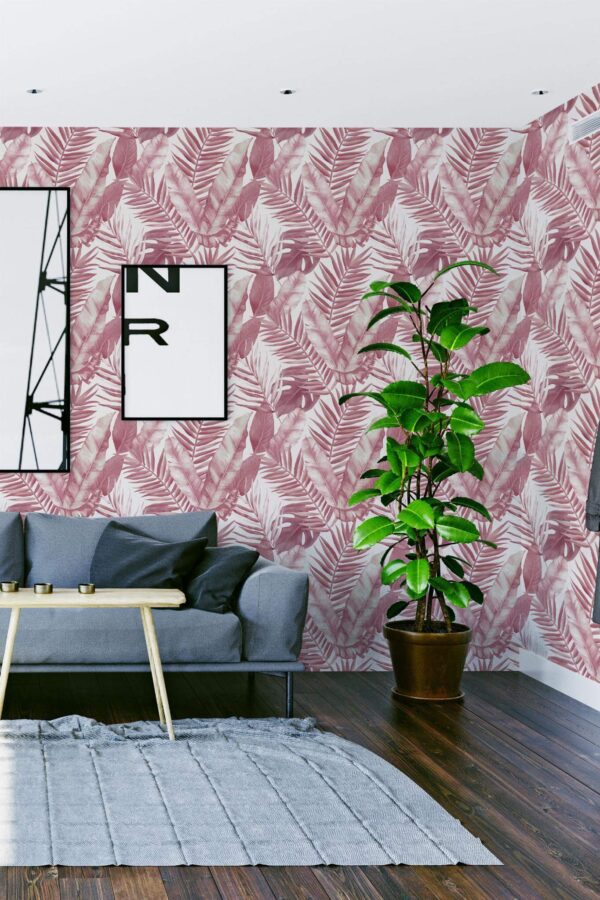 Modern scandinavian style living room decorated with Pink palm peel and stick wallpaper