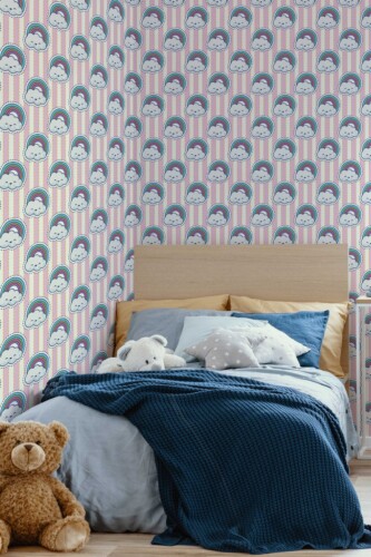 Fancy Walls Pink Rainbow wallpaper for Kids room walls in Cute Kawaii style traditional wallpaper.