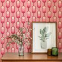 Mid-century modern style living room decorated with Pink retro pattern peel and stick wallpaper