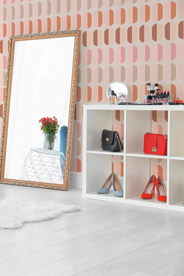 Scandinavian style powder room decorated with Pink retro peel and stick wallpaper