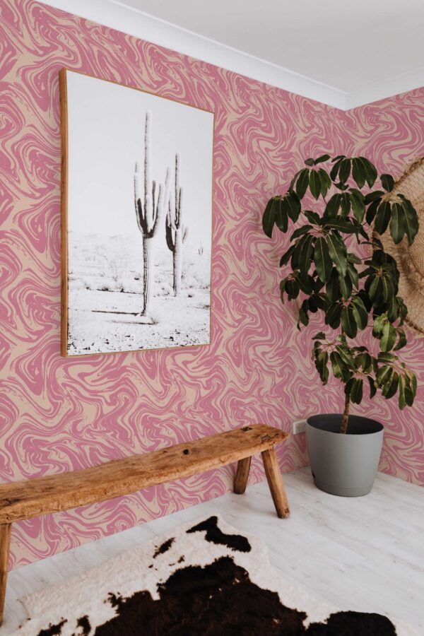 Fancy Walls pink stone look peel and stick wallpaper with marble cream accents