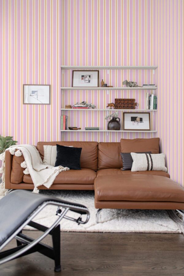 Mid-century modern style dining room decorated with Pink striped beauty salon peel and stick wallpaper