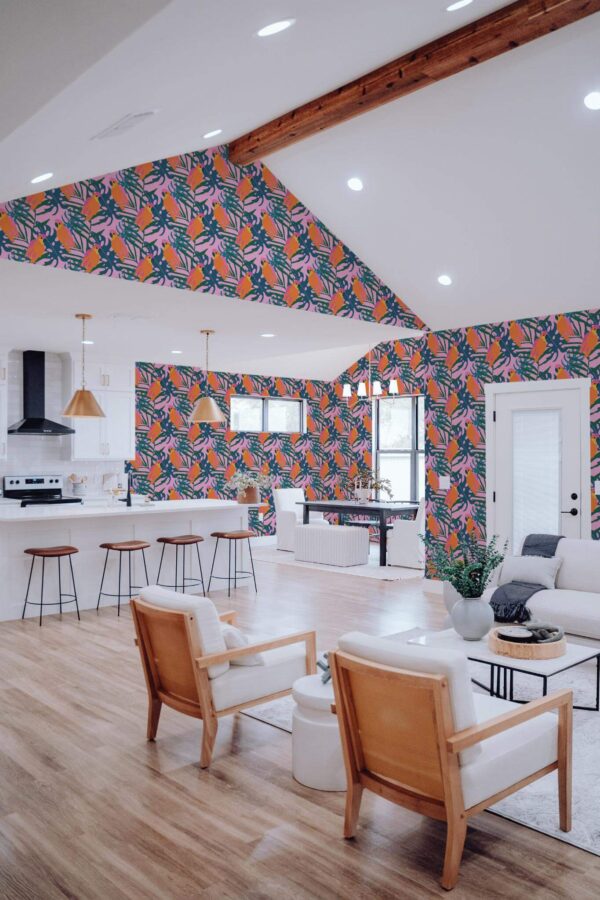 Contemporary style living room and kitchendecorated with Pink tropical peel and stick wallpaper