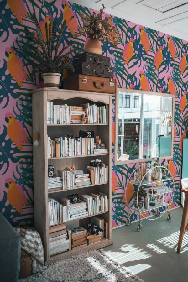 Farmhouse style living room decorated with Pink tropical peel and stick wallpaper