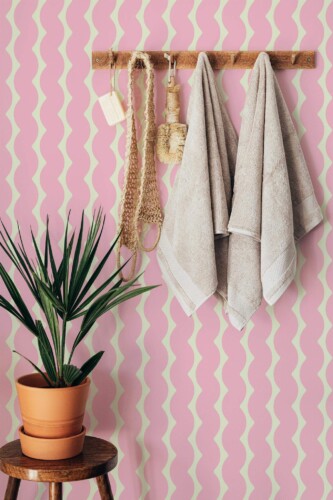 Boho style bathroom decorated with Pink waves peel and stick wallpaper