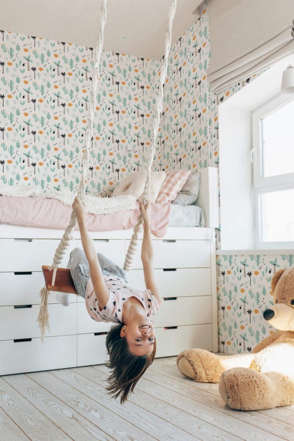 Minimal scandinavian style kids room decorated with Plants and trees peel and stick wallpaper