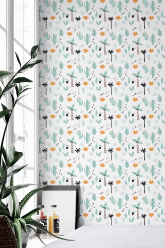 Minimal style home office decorated with Plants and trees peel and stick wallpaper