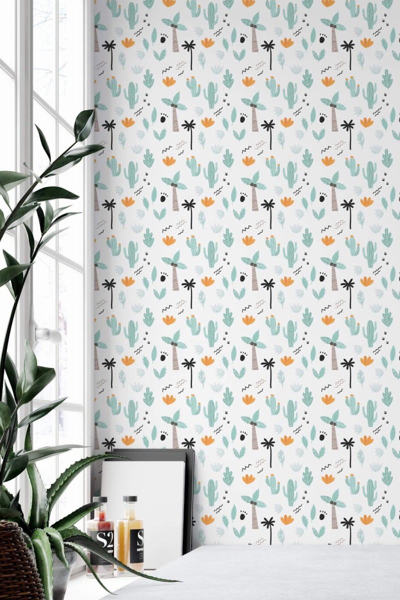 Minimal style home office decorated with Plants and trees peel and stick wallpaper