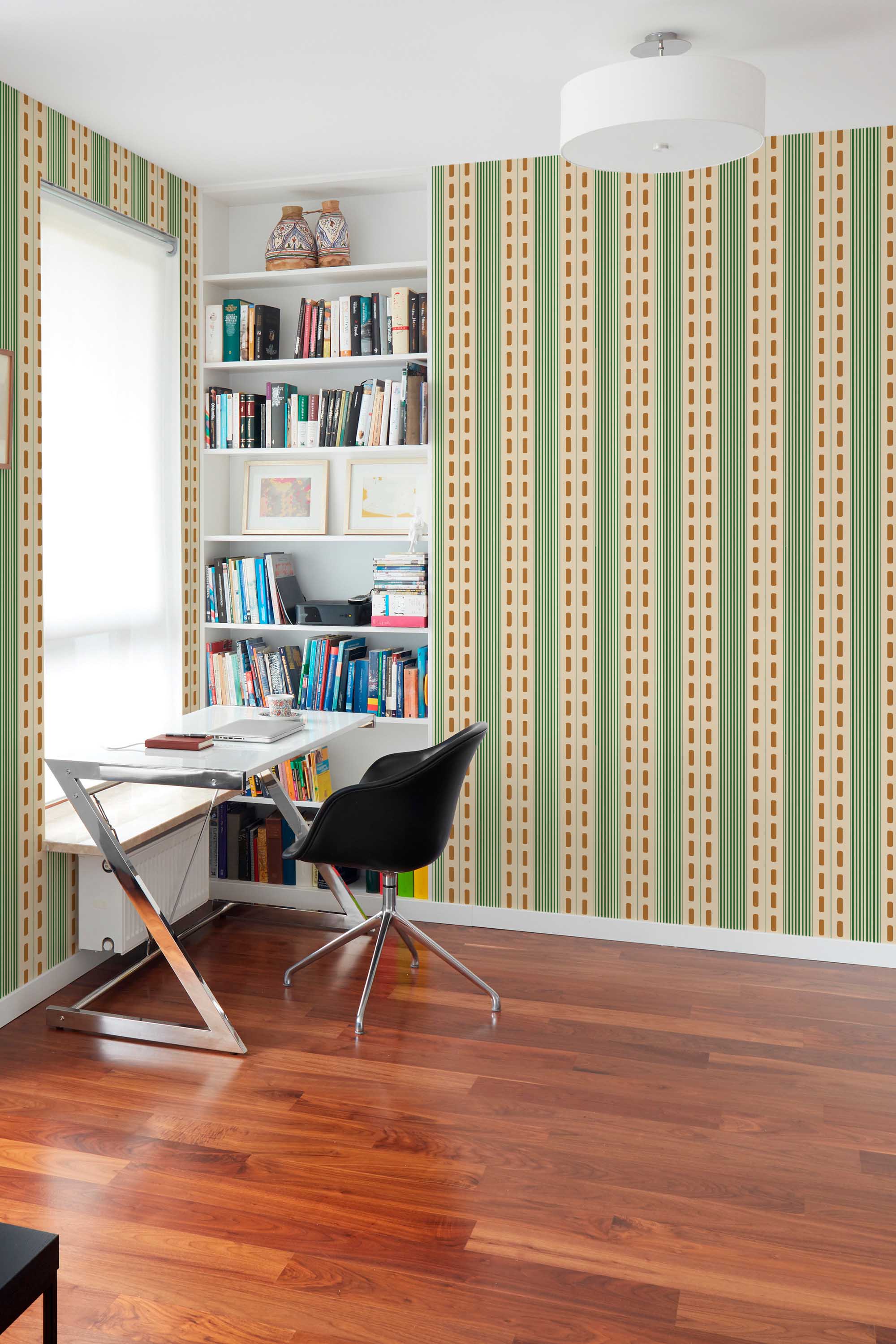 Fancy Walls self-adhesive wallpaper featuring green vintage stripe pattern with soft blue orange and beige tones.