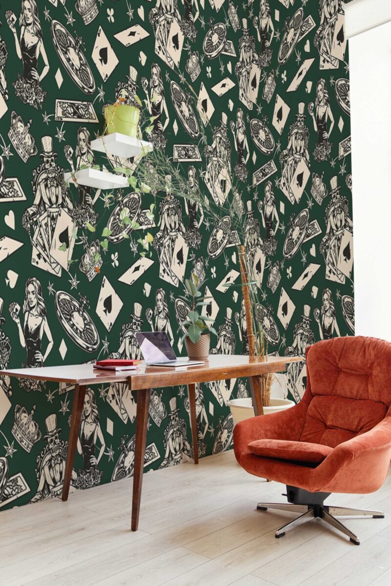 Retro Green Poker Wall Mural with classic white playing cards on a dark green background, ideal for game rooms, entertainment areas, and fun accent walls.