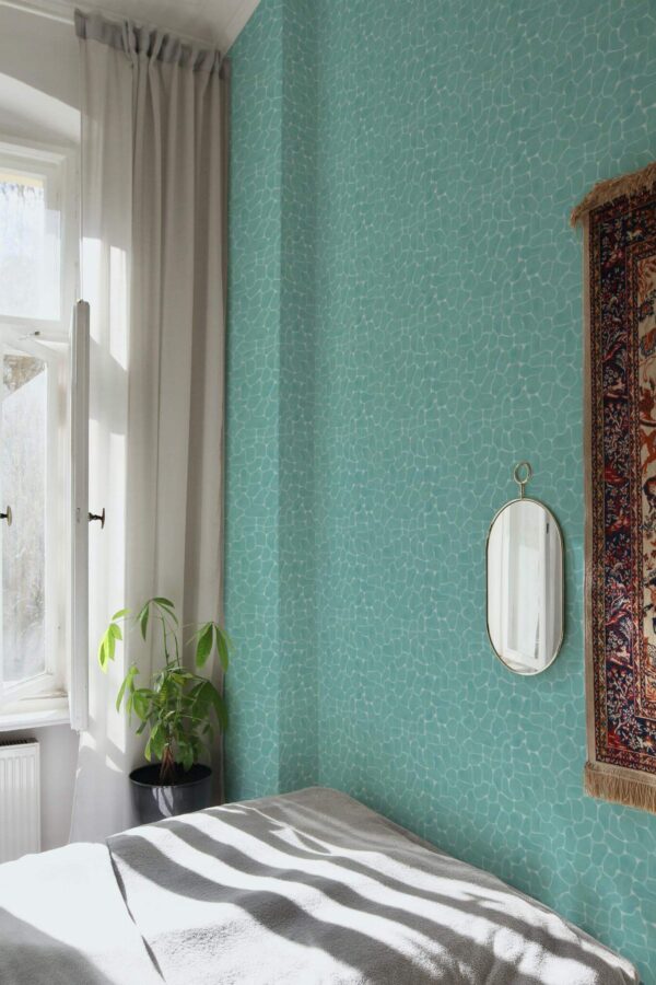 Bohemian style bedroom decorated with Pool water peel and stick wallpaper