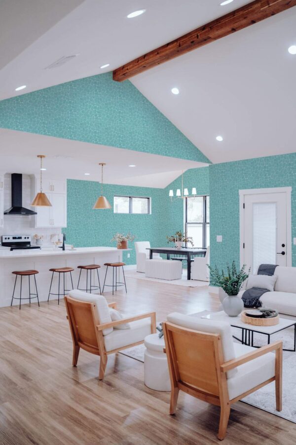 Contemporary style living room and kitchendecorated with Pool water peel and stick wallpaper