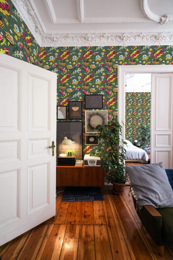 Mid-century modern luxury style living room and bedroom decorated with Pop art peel and stick wallpaper