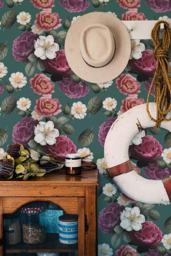 Coastal nautical style living room decorated with Posh flower peel and stick wallpaper